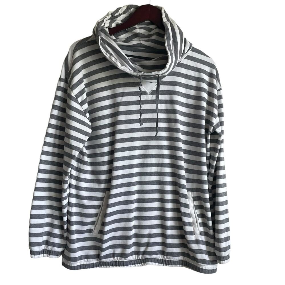 LZC Sportswear Women Sweatshirt M Gray Striped Tunic Funnel Neck Coastal Preppy